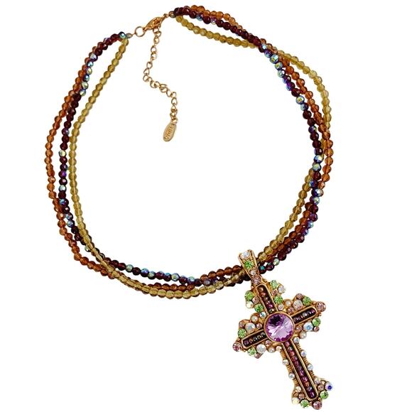 Colorful Glass Rhinestone Cross Christian Pendant Beaded Necklace Choker 16"-19" - Picture 3 of 12